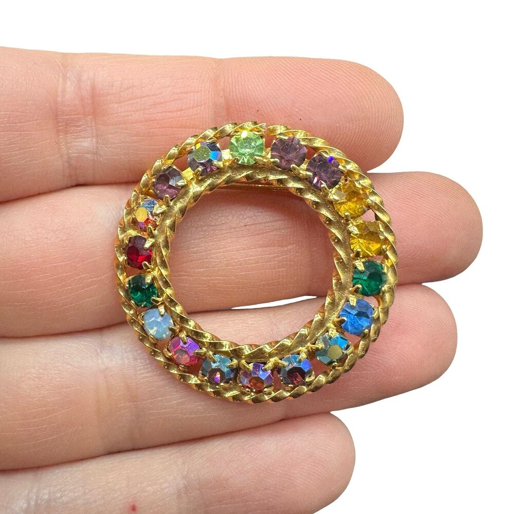 Vintage Jewelry Colorful Rhinestone Round Brooch Gem tone pin round
